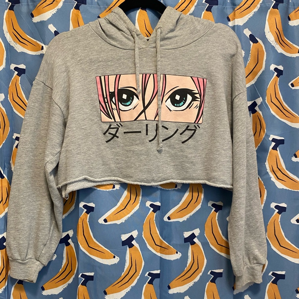 Anime Graphic Gray Cropped Hoodie